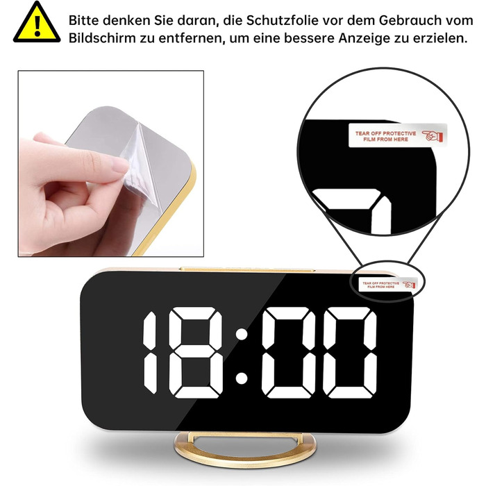 Цифровий годинник SZELAM з LED-дзеркалом 7 дюймів, 2 USB-порти, функція відкладання, автоматичне регулювання яскравості, для дому, колір золотий