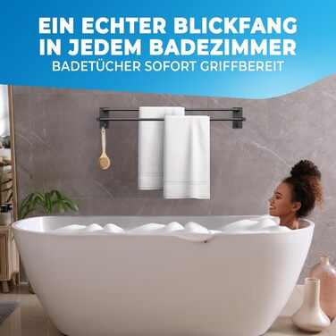 Тримач для рушників без свердління, нержавіюча сталь, чорний - з двома гачками, 80 см, для ванної кімнати, душової кабіни, кухні