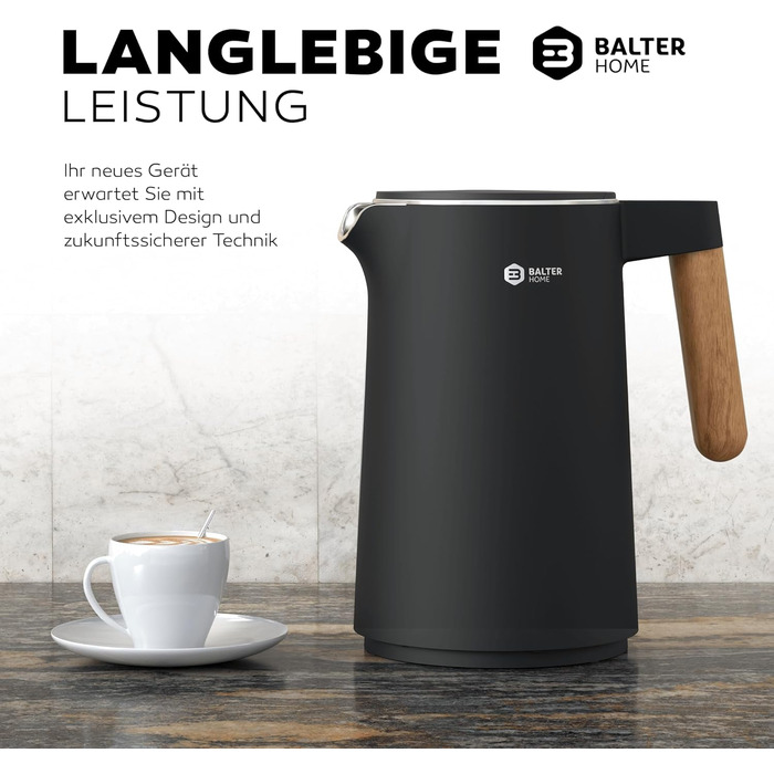 BALTER Stainless Steel Kettle with Temperature Setting, 45°C-100°C, Double-Walled, BPA Free, Quiet & Cordless, Keep-Warm Function, Tea Kettle with Temperature Display, 1.5L, 2200W, Black