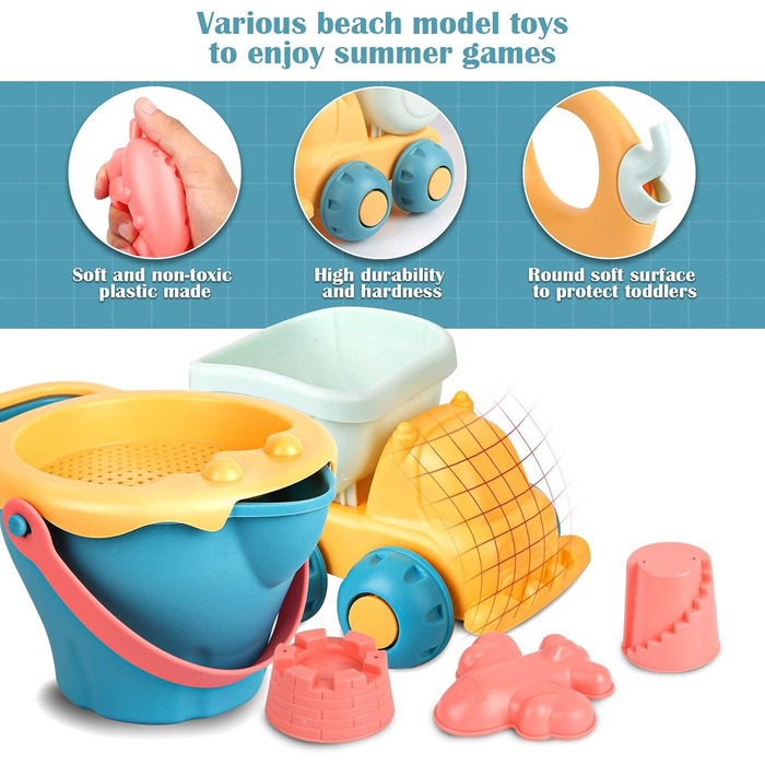 Sanlebi 17-Piece Beach Sand Toy Set with Water Wheel, Beach Buggy, Bucket, Mesh Bag, Sand Molds, Soft Plastic Toy Beach for Kids Boys Girls