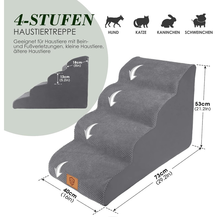 4-Step Dog Stairs, 50cm High Sponge Pet Stairs for Dogs and Cats, Non-Slip Pet Ladder Cat Stairs with Washable Cover for Sofa Bed, Grey
