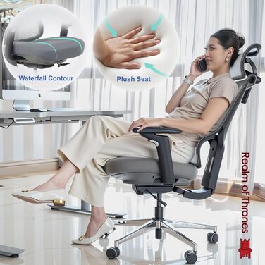 Офісний стіл Realm of Thrones CAPTAIN Deluxe: ергономічний стілець з регульованою поперековою підтримкою, дихаюча спинка, комфортне сидіння, сталева база, відкидні підлокітники (сірий)