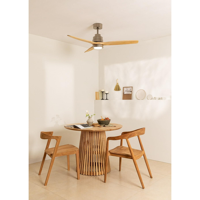 Вентилятор стельовий WINDSTYLANCE з натурального дерева з підсвічуванням, Нікель, Wi-Fi, пульт ДУ, 40W, Ø132 см, 6 швидкостей, таймер, DC-двигун, літньо-зимовий режим