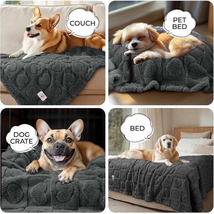 Водонепроникний коврик для собак Luciphia, середній та великий розмір, для ліжка/дивану, м'який, пухнастий, з 3D-серцем, з флісу Sherpa, комфортний, заспокійливий, сірий, 76 x 104 см