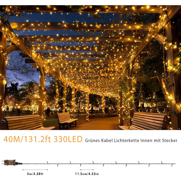 Гірлянда світлодіодна зовнішня 40м 330LED, для прикраси ялинки, з таймером, 8 режимів, вологостійка, зелений кабель, тепле біле світло, для дому, саду, вечірки, шлюбу