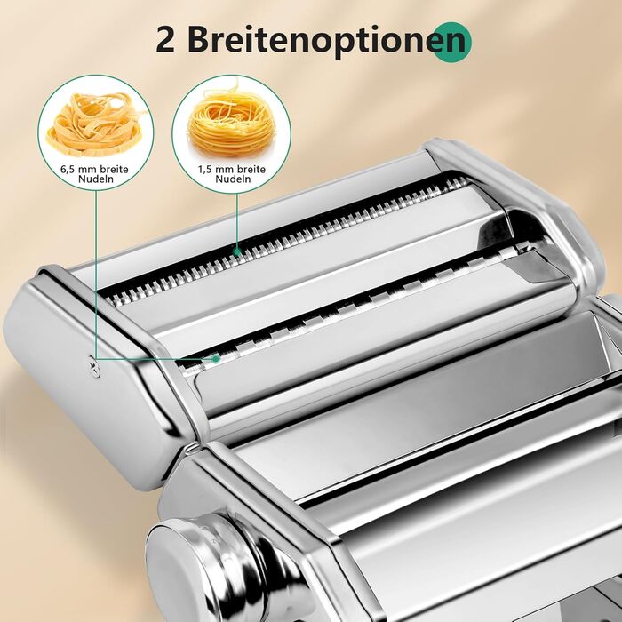 Manual Pasta Machine, Stainless Steel Pastamaker with Two Widths, Stainless Steel Roller and Cutter with 7 Adjustable Settings for Noodles, Spaghetti, Fettuccine, Lasagna