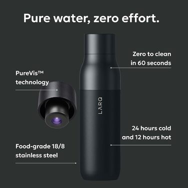 Пляшка для води LARQ PureVis 740 мл Obsidian Black: самоочисна, з нержавіючої сталі, зберігає температуру, BPA-free