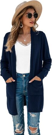 Кардиган жіночий Saodiallsu з довгим рукавом, однотонний, з кишенею (темно-синій, L)