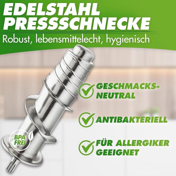GREEN-PRESS EDELSTAHL Slow Juicer 304 Stainless Steel Auger BPA-Free I GERMAN BRAND I Whole Fruits, Celery, Vegetables, and Fruit Juicer, Test Winner 2023, All-Rounder Electric Juice Press Silver Knight / Stainless Steel