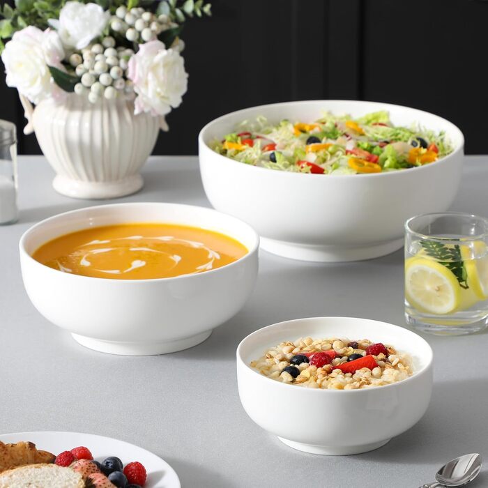 Набір супових та салатних мисок MALACASA Regular Weiß (3шт, 3.4л, 1.8л, 0.8л) з порцеляни. Ідеально для супу, салату, рамену, фруктів та мюслі.