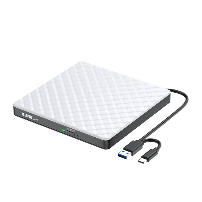 Зовнішній DVD-привід USB 3.0 та USB-C, CD/DVD Brenner для ноутбука та ПК (Windows, macOS, Linux), білий