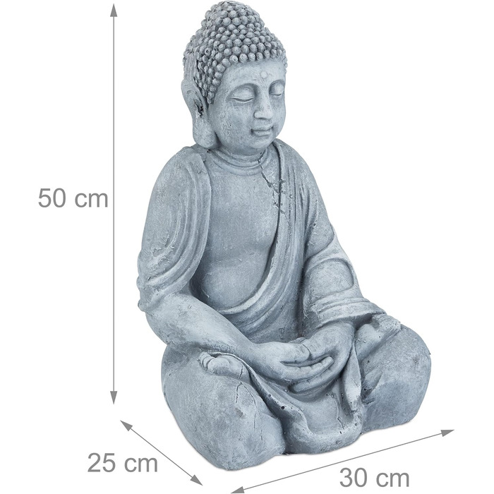 Relaxdays XL Buddha Figure Sitting, 50 cm tall, Feng Shui, Outdoor, Garden Decoration Figure, large Zen Buddha Statue, light grey