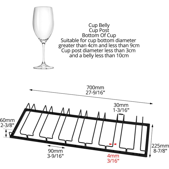 Підставка для вина QWORK® на 7 рядів, чорна - металева підставка для склянок під шафу, для барної кухні