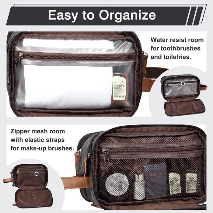 KASGO Toiletry Bag for Men and Women - Large Travel Toiletry Bag, Water-Resistant Cosmetic Bag with 3 Compartments and Leather Holder, for Bathroom, Gym, and Travel, Dark Grey