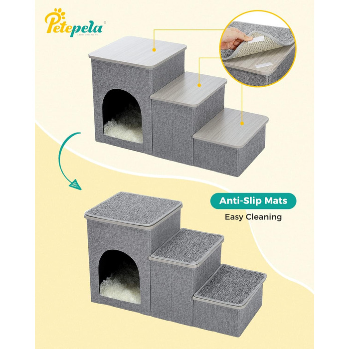 PETEPELA Folding Dog Stairs, 3 Steps, Pet Stairs for Small Dogs with Storage Space, 3 Steps to Couch
