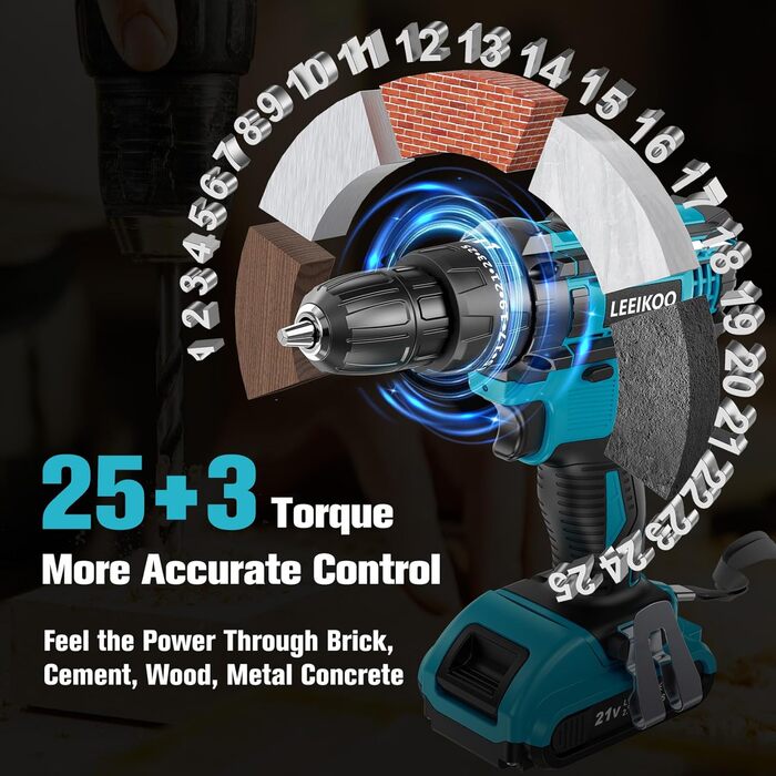 Акумуляторний шуруповерт LEEIKOO 21V з акумулятором 2.0Ah, 42N.m, 10мм патрон, 2 швидкості, 18+1 момент, 20шт аксесуарів, LED, сірий