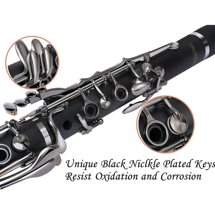 Кларинет KAYATA B з чорним ебонітовим корпусом, нікельовані клавіші, регульована підставка для великого пальця, кейс Deluxe Canvas чорний, нікель