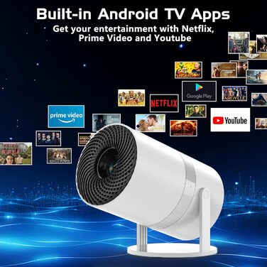 Міні проектор Beamer з автотрапецеїдною корекцією, Android OS, поворот 210°, WiFi 6, Bluetooth, 50% Zoom, Full HD 1080P для дому та на вулицю (сумісний з: смартфоном, Fire TV Stick, ноутбуком, HDMI, USB)