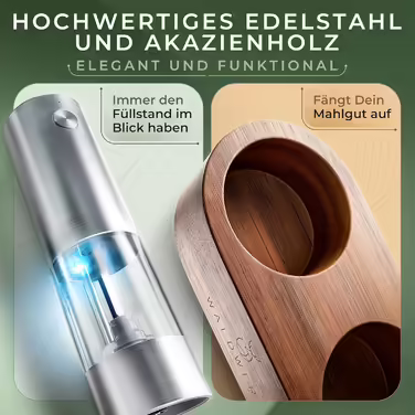 WALDWERK Electric Salt and Pepper Grinder (300 mAh Battery) - Pepper and Salt Mills with Elegant Acacia Holder - Electric Salt and Pepper Grinder - Electric Salt and Pepper Grinder Set