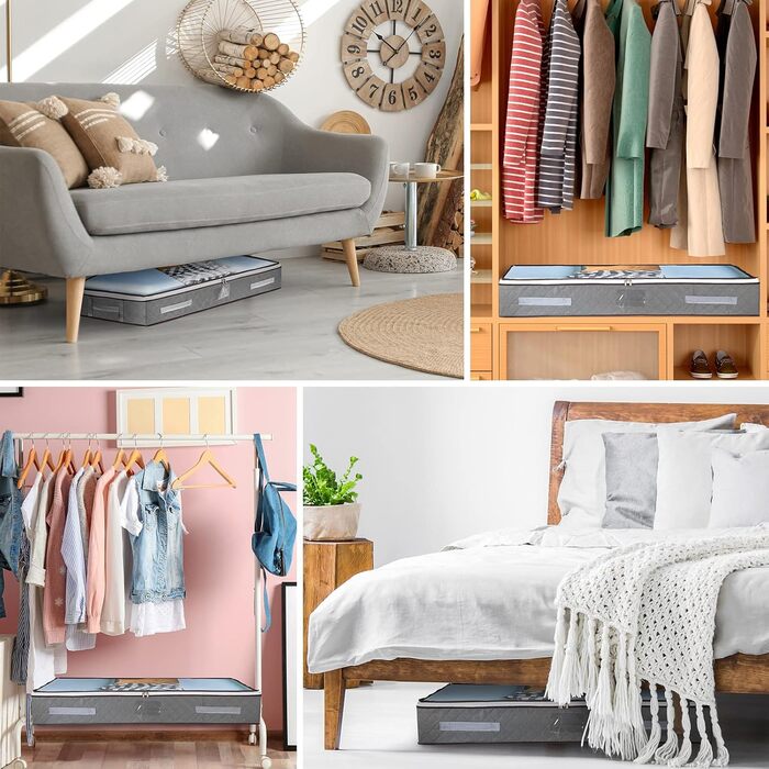 4 шт. Кошики для зберігання під ліжком з кришкою, великі складні коробки для зберігання з блискавкою, органайзери для одягу, постільної білизни та ковдр, посилені ручки (сірий)