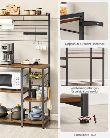 Стелаж кухонний VASAGLE KKS026B01, вінтажний, з магнітною смугою для ножів, кошиком та тримачем для рушників