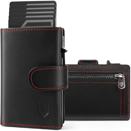 DODENSHA Card Holder Wallet for Men RFID Blocking Card Holder with Coin Pocket, Automatic Pop-up Card Holder made of Aluminum for 8-10 Cards, ID Window Black | BlackRed