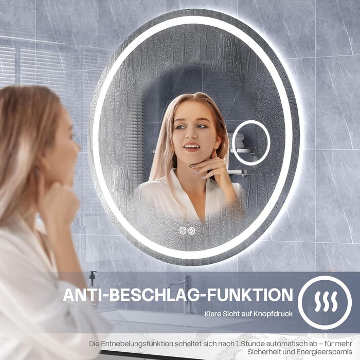 Дзеркало для ванної кімнати HySail з підсвічуванням, 5 мм, висока роздільна здатність, срібне покриття, 3 колірні температури та регульована яскравість, настінне дзеркало з сенсорним вимикачем та антизапарюючим покриттям, кругле (3 кольори + регулювання +