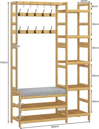 VIAGDO Wardrobe with Shoe Bench, Clothes Rack with 5 Storage Shelves, Wardrobe with Shoe Shelf, 10 Double Hooks, Entryway Wardrobe for Hallway and Bedroom 104x33x175 cm (104 x 33 x 175 cm)
