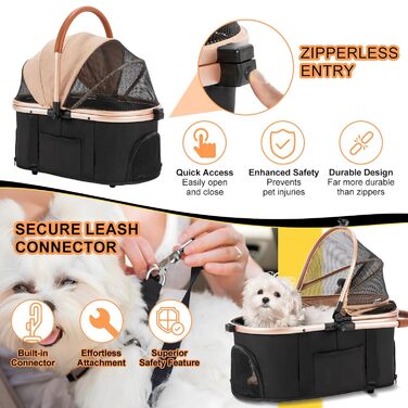 3 в 1 візок для собак з знімним сидінням для подорожей, бутка для собак, переносна сумка, складаний, візок для домашніх тварин, до 20 кг (Хакі)