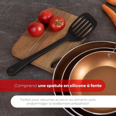 Набір кухонного посуду Bergner Loja Reeco: 3 сковорідки 18-22-26 см + лопатка з алюмінію. Індукційне дно, мідна якість.