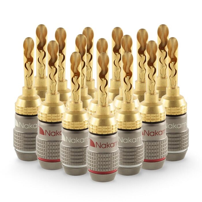 Бананові роз'єми Nakamichi FanLock Excel-Serie, позолочені 24K BFA, для акустичних кабелів 10-18 AWG, 4 мм, для Hi-Fi стерео та домашнього кінотеатру (16 шт / 8 пар)