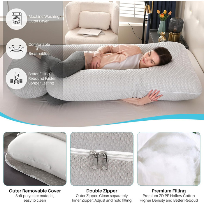 Подушка для вагітних GKXLH – підтримка спини, живота та стегон, J-подібна форма, знімний охолоджуючий чохол, сірий колір