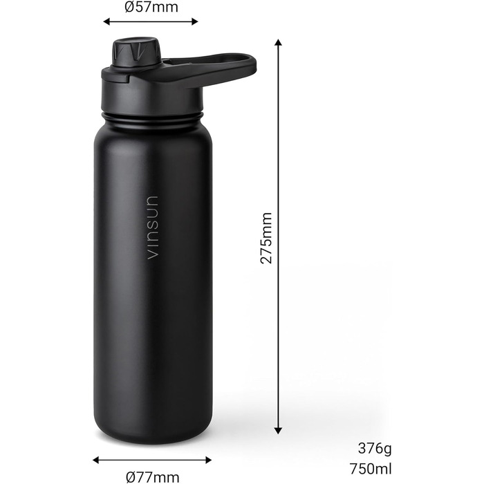 Stainless Steel Water Bottle 1L - Straw, Drinking Opening - Leakproof, Carbonated Drink Compatible, BPA Free - Thermos Flask for Sports, Outdoors, School, University, Cycling, Hiking, Gym (750 ml, Black)