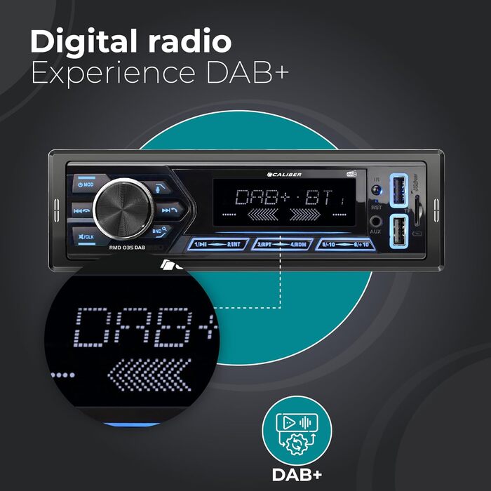 Автомагнітола Caliber 1DIN Bluetooth, DAB+/FM, 4x55Вт, USB/Micro SD, зарядка 2.1A, AUX, гучний зв'язок, RCA вихід, DAB+ антена, підтримка MP3/WMA/APE/FLAC/AAC