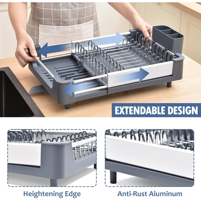 Стійка для посуду KINGRACK: розширювана, з нержавіючої сталі, з підставкою для столових приборів, антиковзаюча, сірого кольору