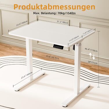 ERGOMAKER Electric Height Adjustable Desk 80x60cm - Small Standing Desk with 2-Section Tabletop, Height Adjustable Desk for Home Office, White Frame & Tabletop