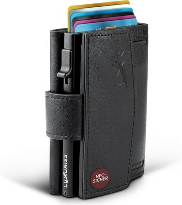 Чоловічий та жіночий шкіряний гаманець Luxurizz Smart Wallet з RFID-захистом - Slim модель з відділом для монет та Slider-системою (10 карт, чорний)