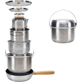 Набір посуду для кемпінгу KingCamp з кошиком, нержавіюча сталь, антипригарне покриття, 4-х частинний набір + чайник