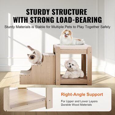 Багатоярусне ліжко для тварин VEVOR з драбиною, місцем біля вікна для собак/кішок, багатоступеневе ліжко, лежанка для собак, платформа з м'якими подушками, лежанка для домашніх тварин 120x50x65 см (Бежевий)