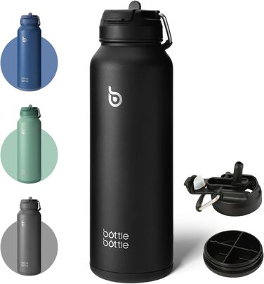 BOTTLE BOTTLE Insulated Water Bottle with Straw, Sport Stainless Steel Water Bottle with Grip Lid, Outdoor Sports Bottle for Pills, 1L (Black)