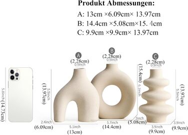Set of 3 Ceramic Vases for Pampas Grass - Modern Round Decorative Vases for Home Decor, Wedding Centerpieces