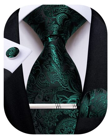 Краватка чоловіча шовкова з павальок та квітковим принтом DiBanGu (темно-зелена) + комплект краватка, кишеньковий хустинка, запонки, клямка для краватки
