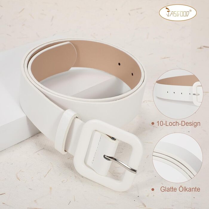 Жіночий шкіряний пояс JasGood пастельного кольору, широкий, з квадратною пряжкою для джинсів, спідниць та суконь (білий, 110 см, під талію 76-88 см)
