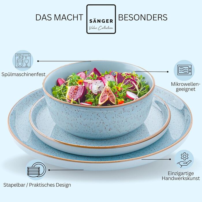 Набір посуду SÄNGER Rio, 24 елементи, керамічний посуд для 6 осіб (6 тарілок, 6 тарілок для сніданку, 6 глибоких тарілок, 6 мисок для пасти), блакитний колір, VALUE COLLECTION (Lagune)