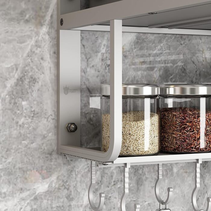 K-101 2-Layer Silver Aluminum Alloy Microwave Rack Oven Stand Kitchen Shelf Holder Wall Mount, Hanging with 10 Hooks
