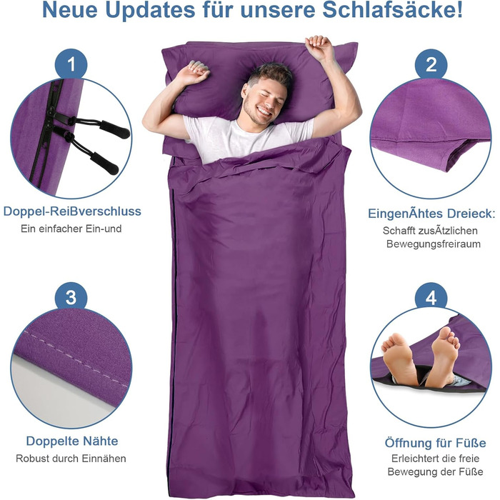 Спальний мішок туристичний 2в1 з мікрофібри, 220x95 см, для кемпінгу, хостелів та гірських притулків, зелений/фіолетовий
