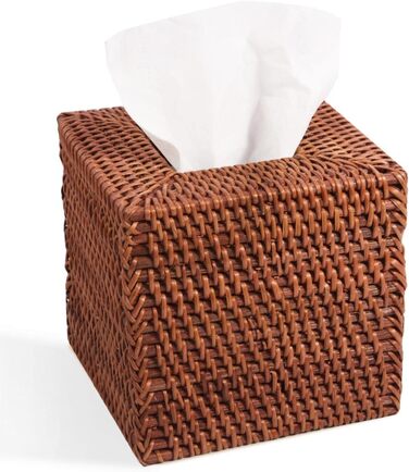 Rattan Cosmetic Tissue Box, 14 x 14 x 14.5 cm, Handwoven Square Tissue Box, Natural Decorative Tissue Box, Tissue Holder (Square, Honey Brown)