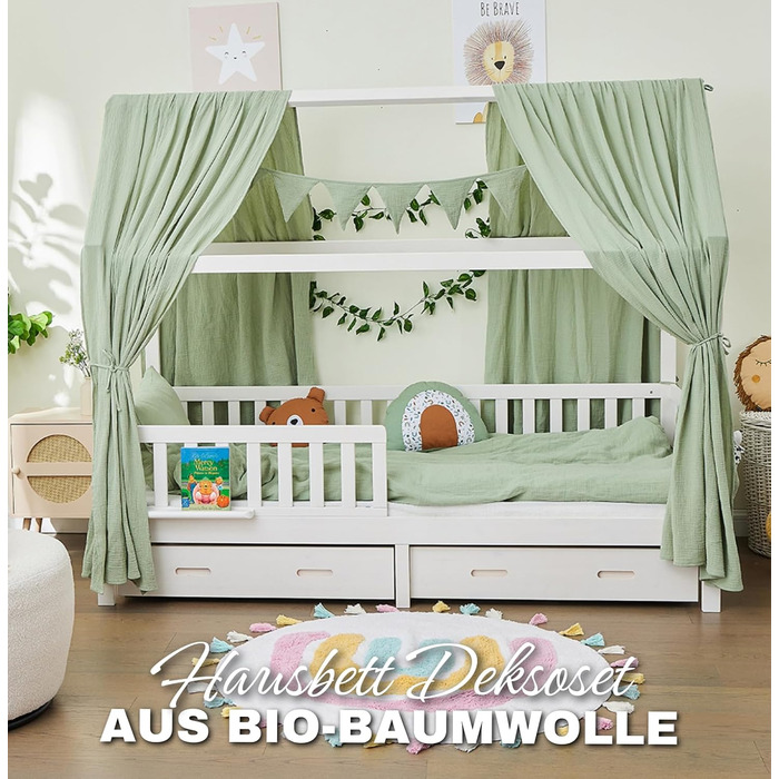 ALAVYA HOME® 3-Piece House Bed Decor Set with 2 Canopy Curtains | 1 Wimpelkette (300cm long) for Children's Bed, Kids' Room | 100% Organic Muslin Cotton | GOTS Certified | 125 x 350 cm | Khaki 125 x 350 cm Khaki