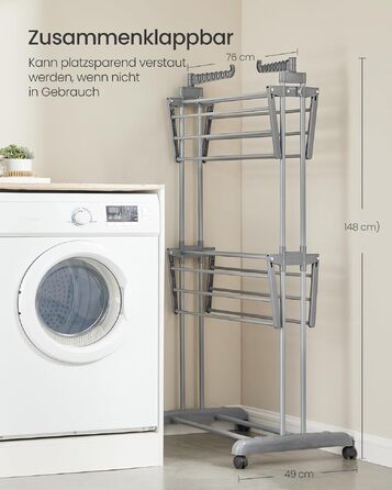 Сушарка для білизни SONGMICS BUNJI LLR704G01: розсувна, 4 яруси, з колесами та складаними крилами, велика, сіра (63.5 x 131-200 x 177.5 см)