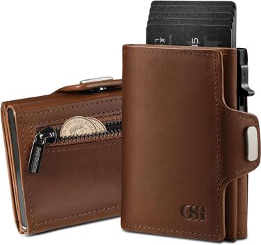 GSG SINCE 1998 Men's Leather Wallet, Slim Wallet with Coin Pocket & RFID Protection Card Holder Portomonee for 9-10 Cards, Slim Wallet for Men brown